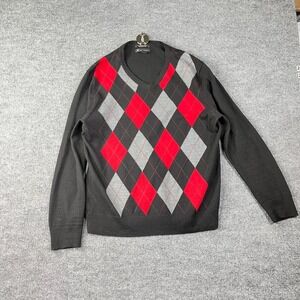 INC International Concepts Argyle Sweater Mens Black Italian Merino Wool - Large